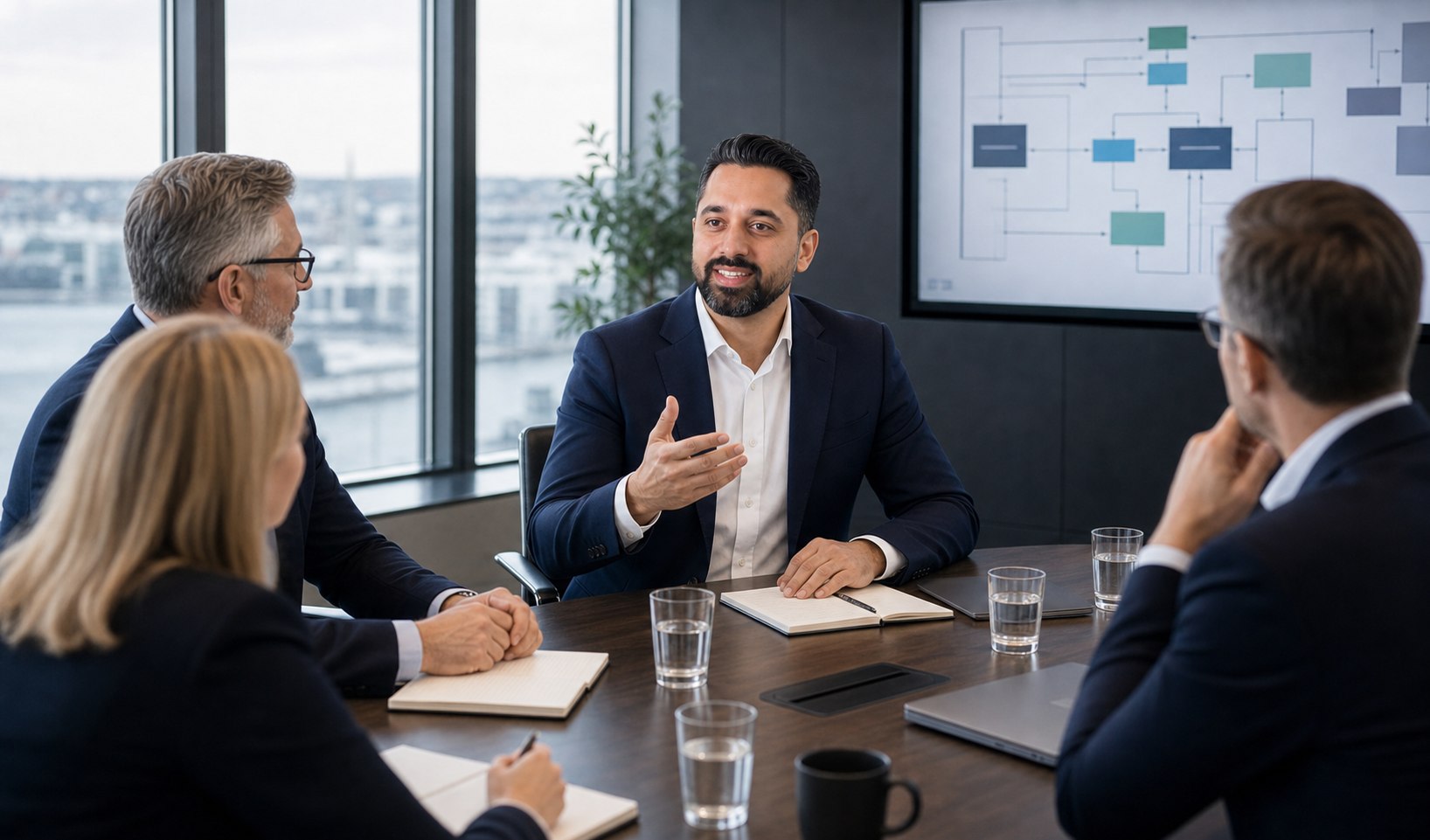 Senior advisory discussion in a boardroom