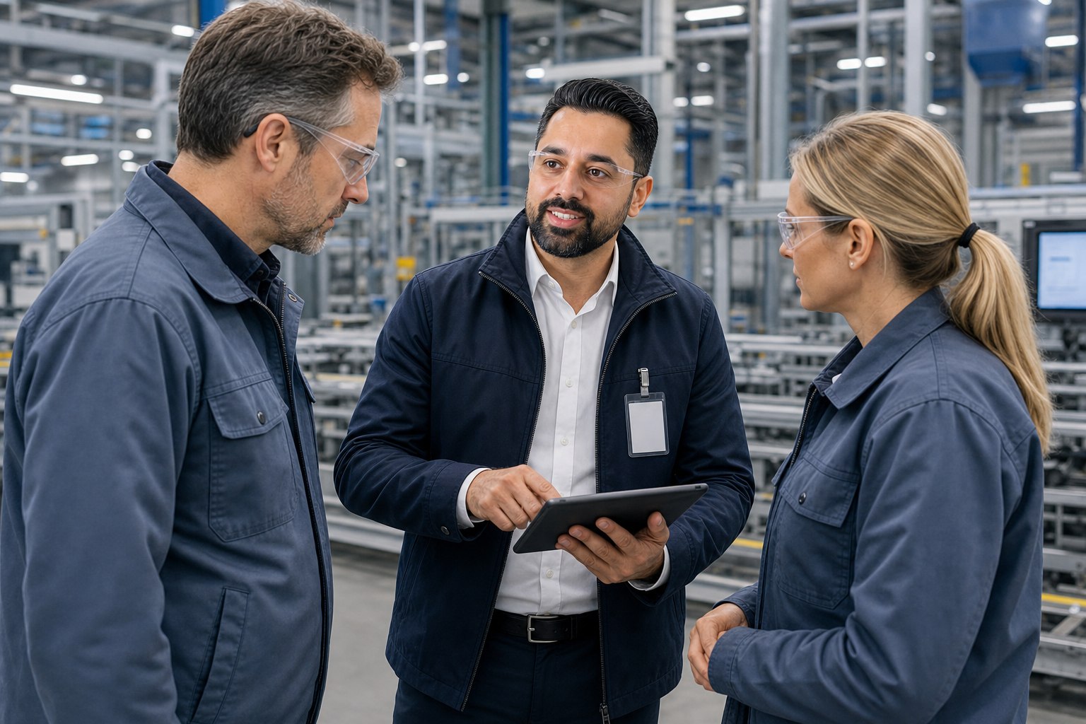 Manufacturing team reviewing operational information on a shop floor